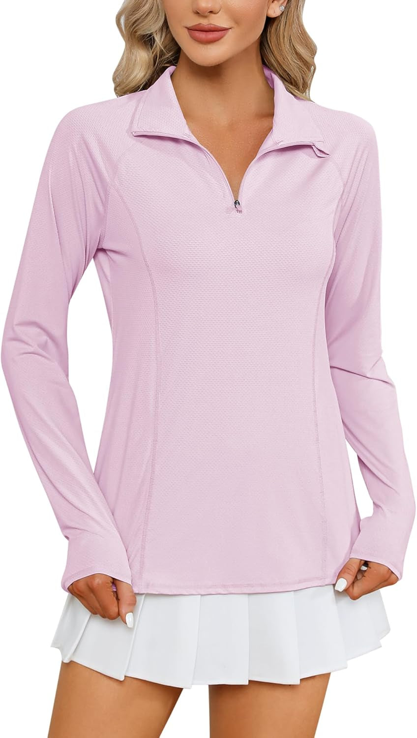 Long Sleeve Shirts, Sun Protection, 1/4 Zip, Quick Dry, Pink