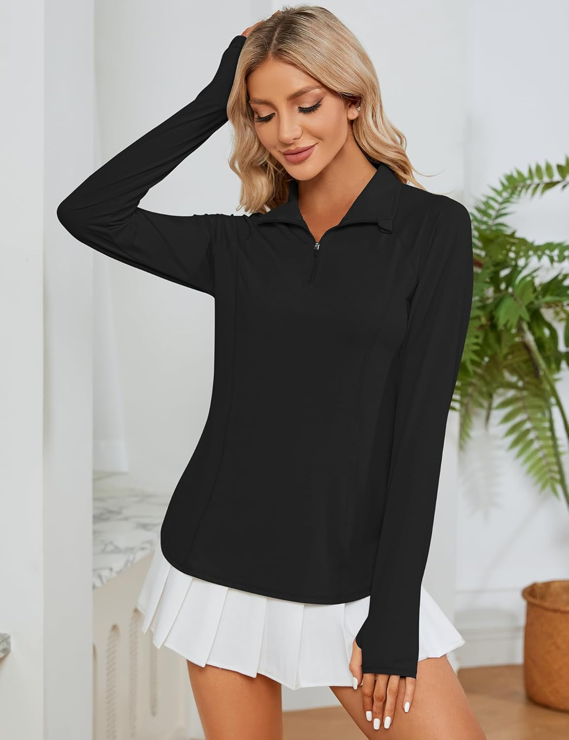 Long Sleeve Shirts, Sun Protection, 1/4 Zip, Quick Dry, Black
