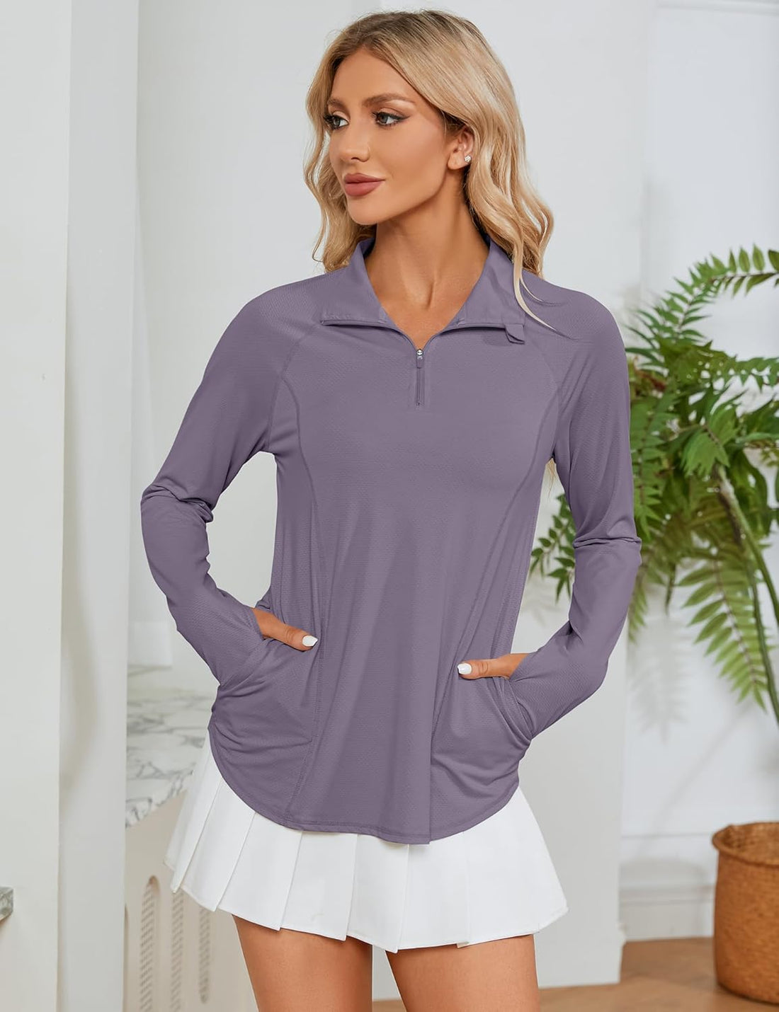Long Sleeve Shirts, Sun Protection, 1/4 Zip, Quick Dry, Purple