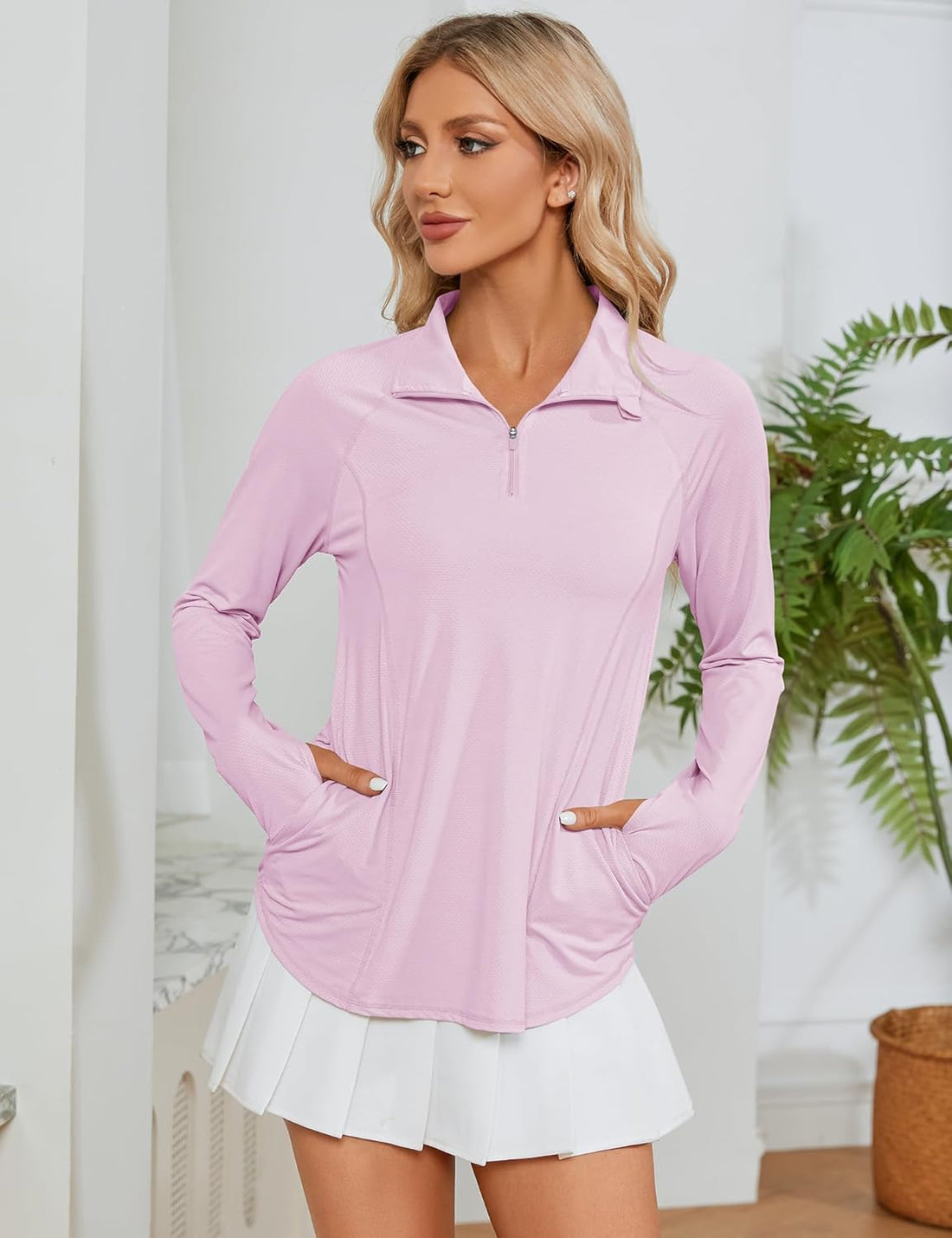 Long Sleeve Shirts, Sun Protection, 1/4 Zip, Quick Dry, Pink