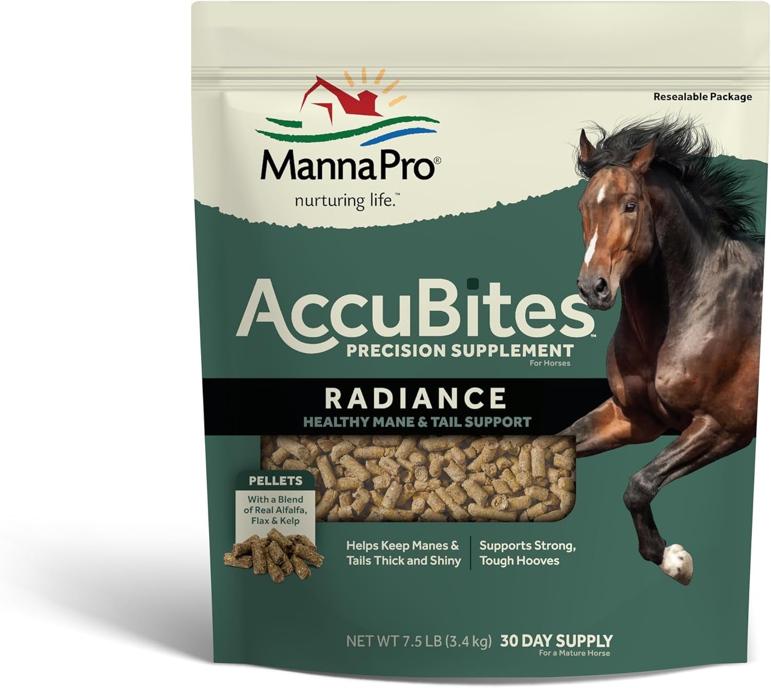 Manna Pro Accubites Radiance Equine Supplement – Skin & Coat, Essential Vitamins & Hoof Health for Horses – Packed with Omega 3, 6, & Biotin – Main & Tail Maintenance – Alfalfa Flavored – 7.5 Lbs