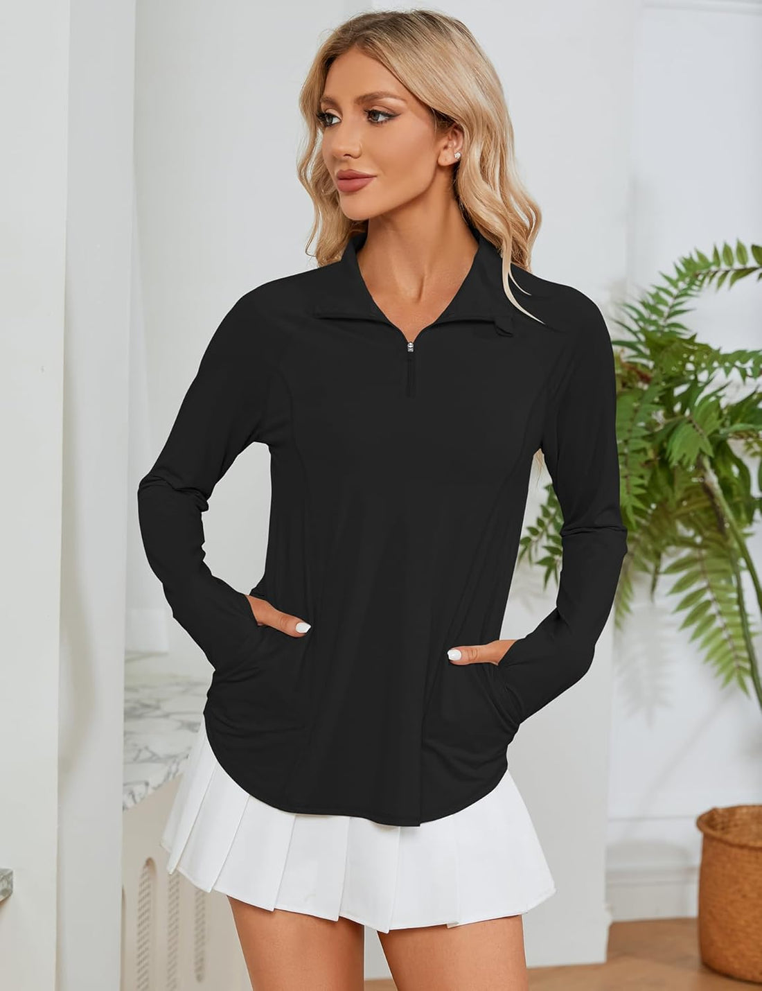 Long Sleeve Shirts, Sun Protection, 1/4 Zip, Quick Dry, Black